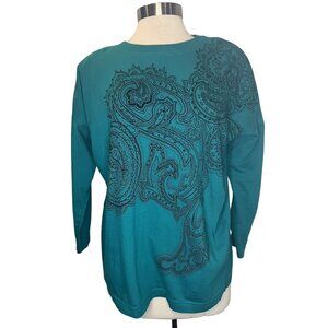 VINTAGE Carole Little for St. Tropez Wear Teal Woman's Top Floral Long Sleeve